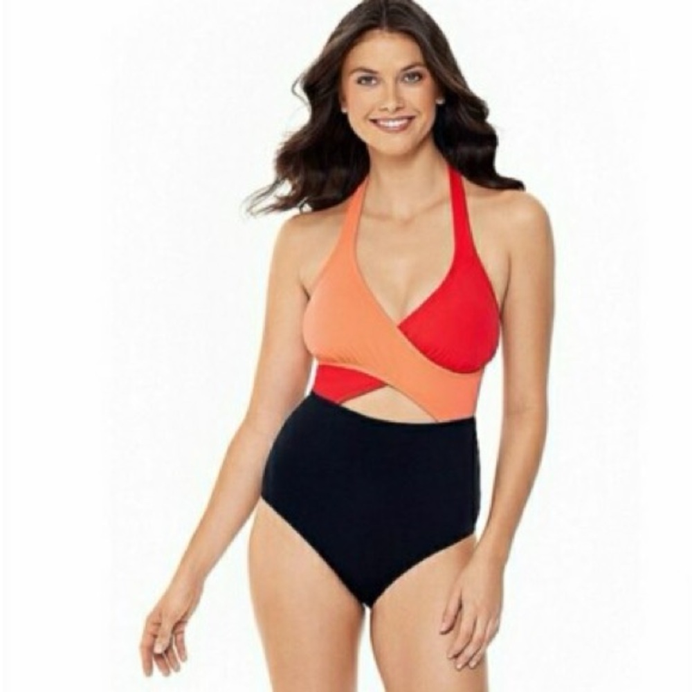 NWT Eco Beach Swimsuit Bathing Suit One Piece Wrap Front Multi Color Size Medium